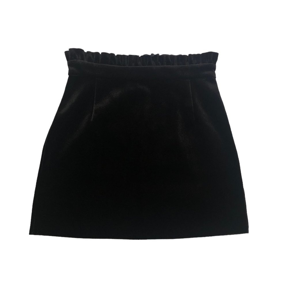 TOPSHOP Black Velour High-Waist Mini Skirt Frill Hem Size 0